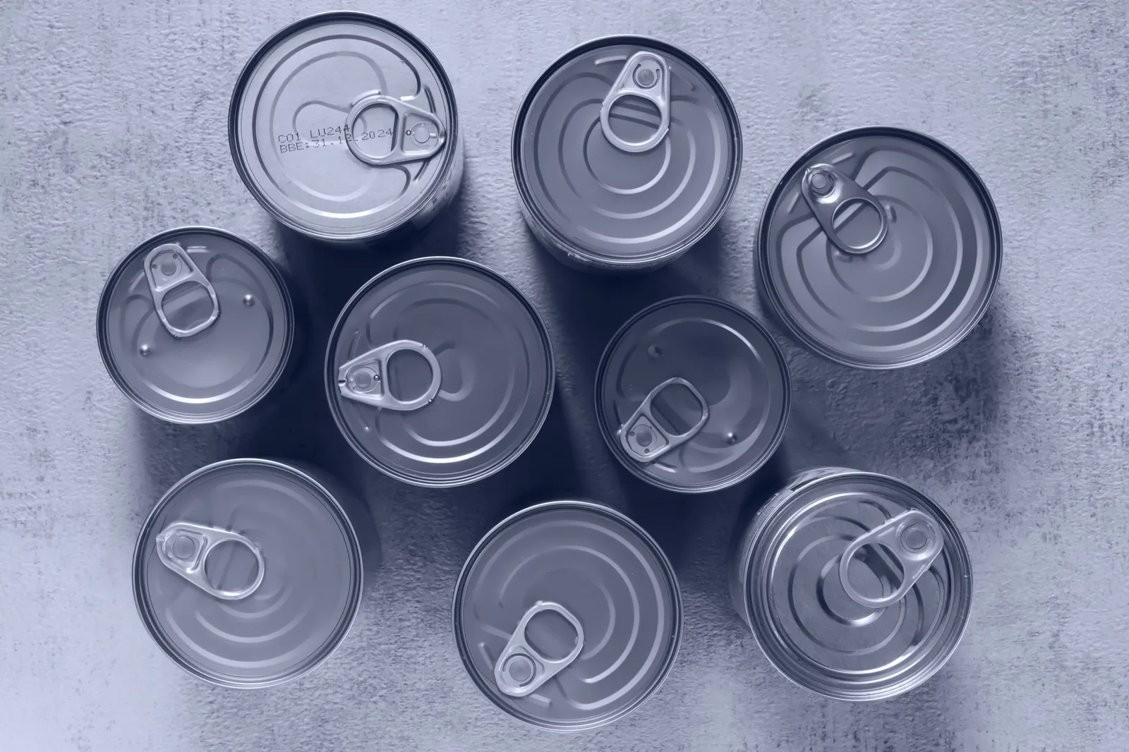 Canned goods arranged for emergency food storage comparison